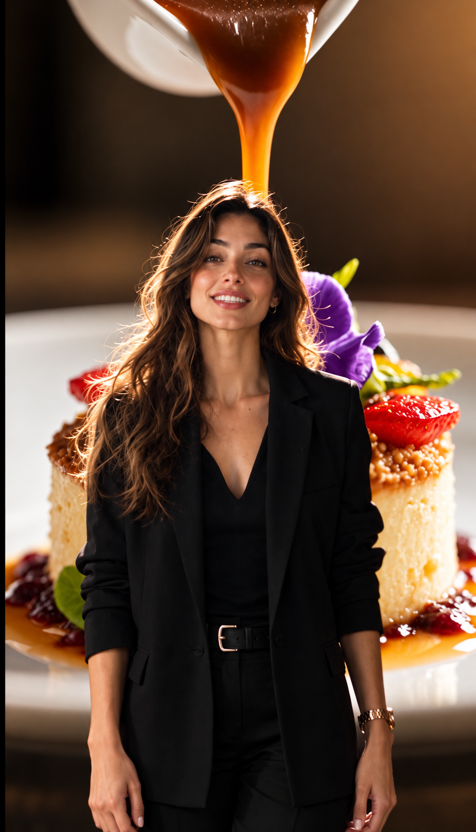 Dorena sonríe frente a una pieza gastronómica creada para un comercial.