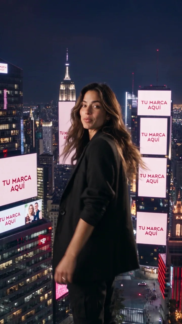 Fragmento de comercial creado con IA: personaje frente a pantallas urbanas con el texto «Tu marca aquí».