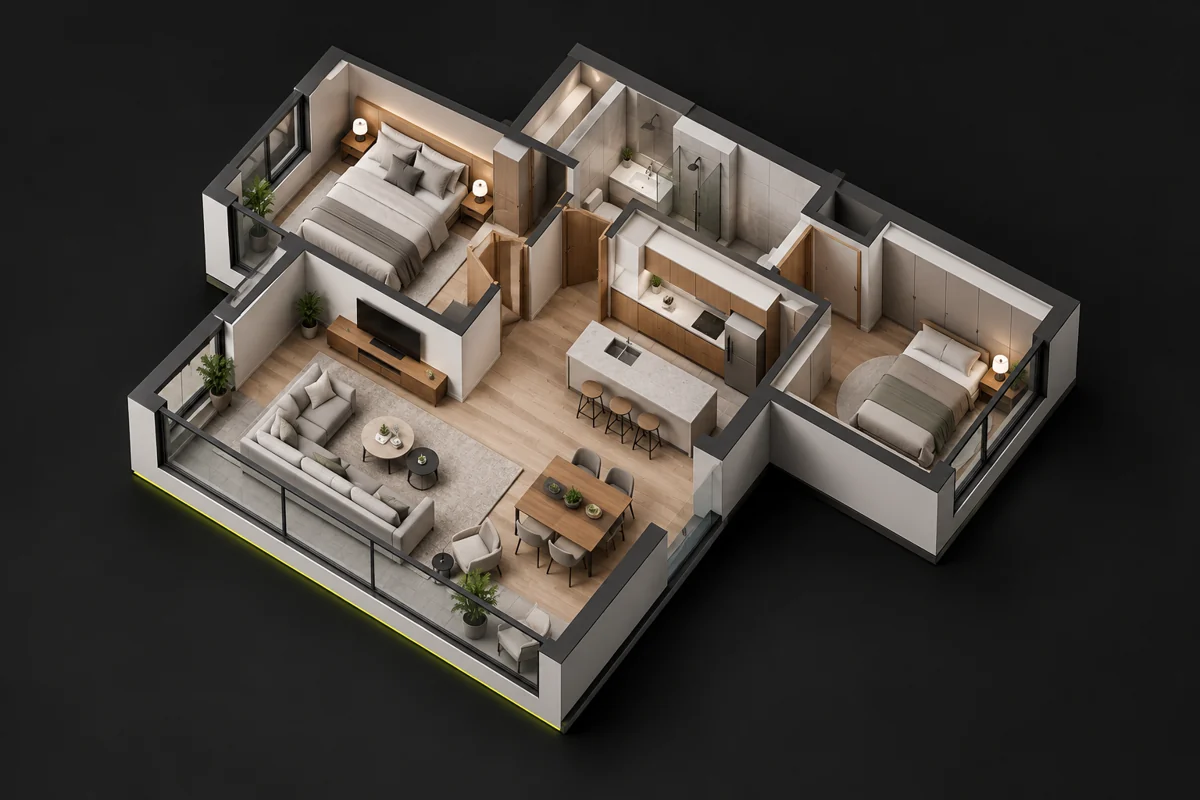 Modelo arquitectónico ilustrativo de un apartamento visto desde arriba, con sus habitaciones y distribución.
