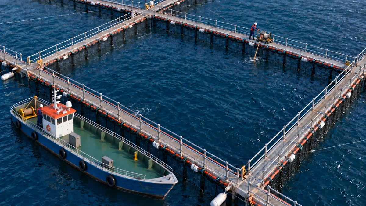 Vista ilustrativa de instalaciones acuícolas en el mar y embarcación junto a las pasarelas.