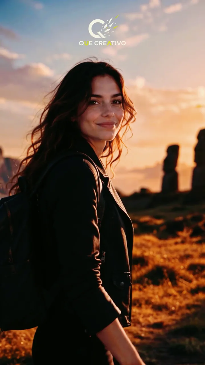 Fragmento de comercial creado con IA: personaje en un paisaje al atardecer, con el logo de la pieza.